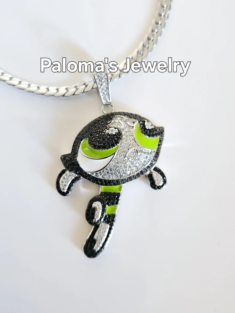 Stainless Steel Silver GREEN Powerpuff Girl Necklace